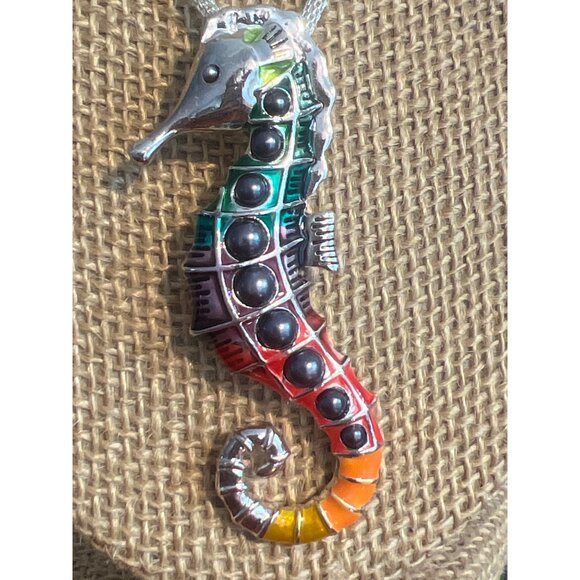 Silver Tone Mesh Chain Necklace Seahorse Pendant Rainbow Enamel Faux Pearls Adj - Picture 2 of 4